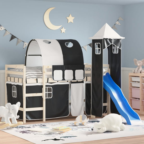 Schwarz-weißes Hochbett mit Vorhängen, Tunnel und Turm Walker (Polyester)