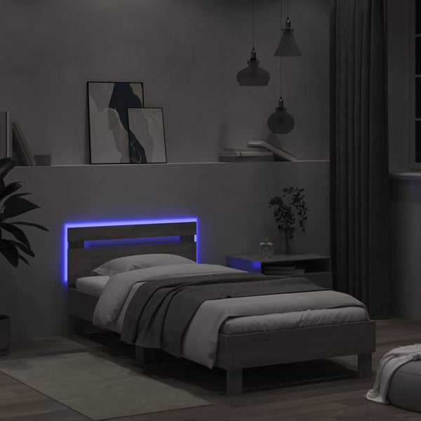 Graues Sonoma Bettgestell mit Kopfteil und LED-Beleuchtung Aura 100x200cm