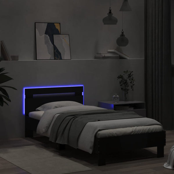 Schwarzes Bettgestell mit Kopfteil und LED-Beleuchtung Aura 75x190cm