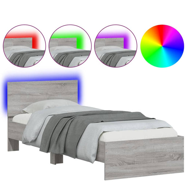 Graues Bettgestell mit Kopfteil und LED-Beleuchtung Galasel 90x190cm