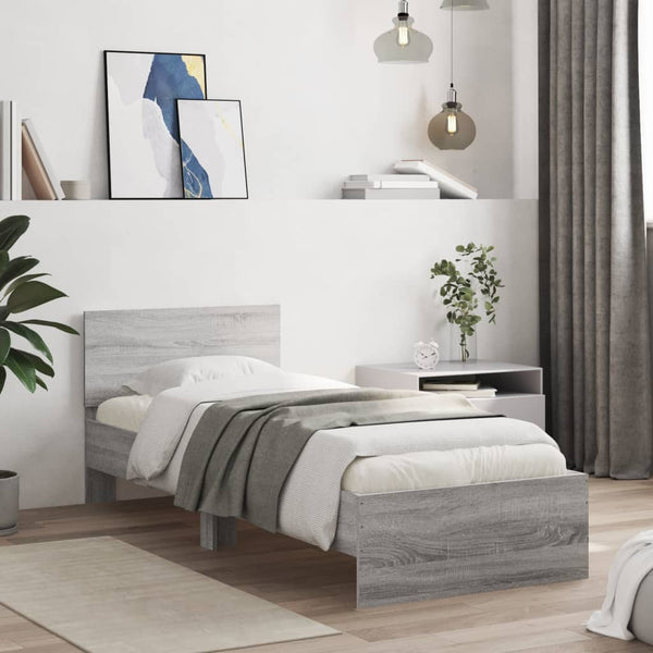 Graues Bettgestell mit Kopfteil und LED-Beleuchtung Galasel 90x190cm
