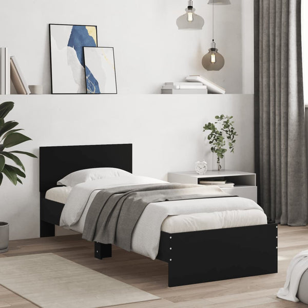 Schwarzes Bettgestell mit Kopfteil und LED-Beleuchtung Galasel 75x190cm