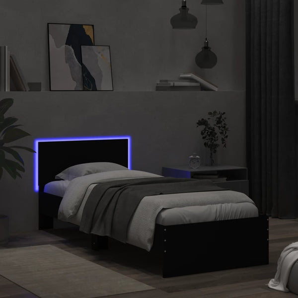 Schwarzes Bettgestell mit Kopfteil und LED-Beleuchtung Galasel 75x190cm