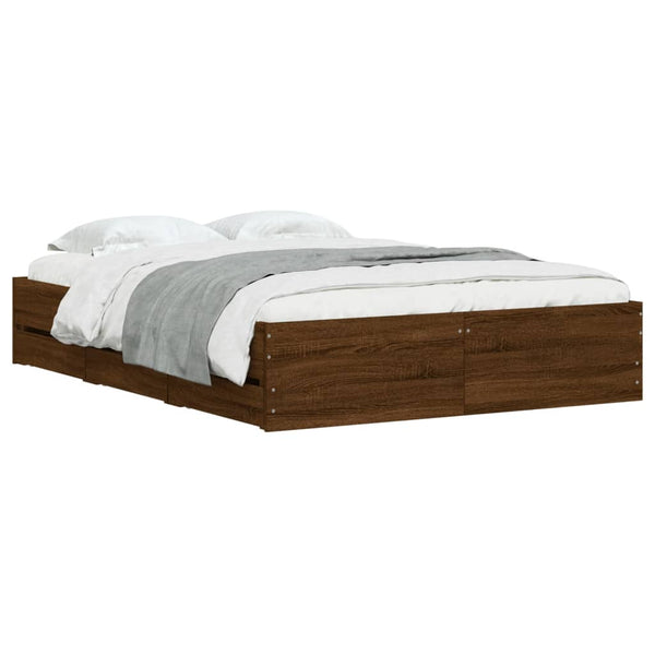 Bettgestell Reo 135x190cm aus brauner Eiche mit Schubladen (Holz)