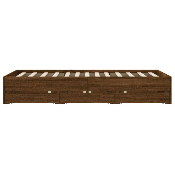 Bettgestell Reo 135x190cm aus brauner Eiche mit Schubladen (Holz)