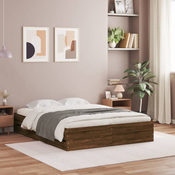 Bettgestell Reo 135x190cm aus brauner Eiche mit Schubladen (Holz)