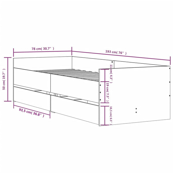 Bettgestell Betongrau mit Schubladen Bartalan 75x190cm (Small Single)