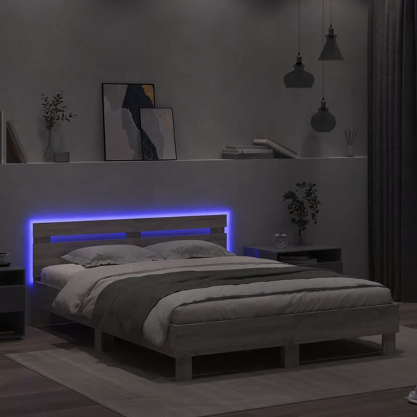 Graues Sonoma-Bettgestell mit Kopfteil und LED-Beleuchtung Aura 140x200cm