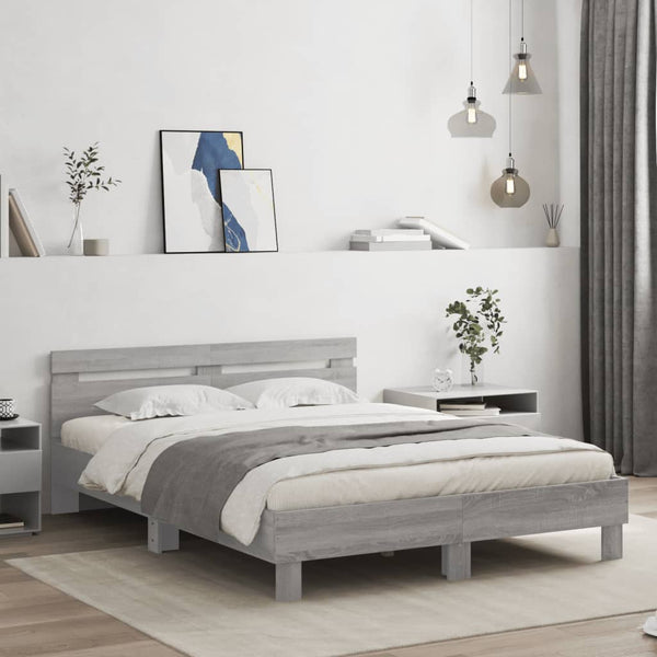 Graues Sonoma-Bettgestell mit Kopfteil und LED-Beleuchtung Aura 140x200cm