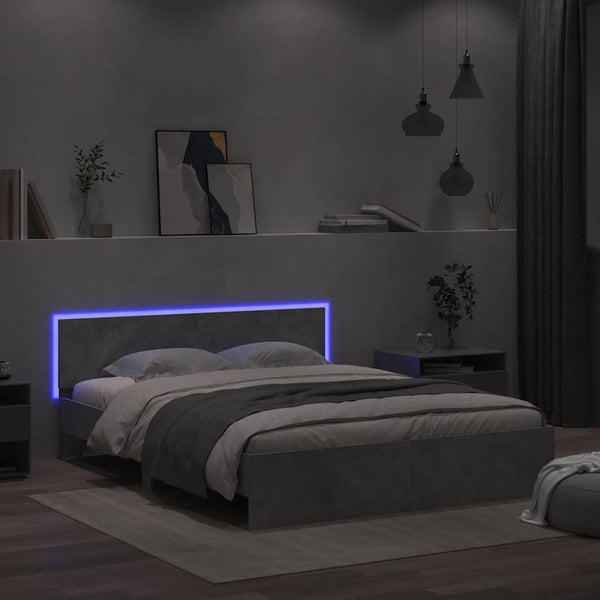 Betoninharmaa sängynrunko päädyllä ja led-valoilla Galasel 150x200cm