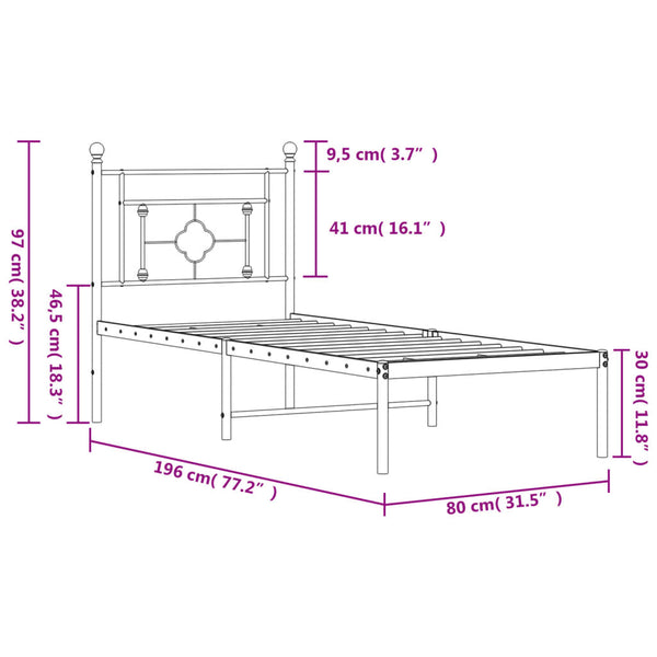 Schwarzes Metall-Bettgestell mit Kopfteil Hartia 75x190cm