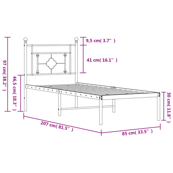 Schwarzes Metallbettgestell mit Kopfteil Hartia 80x200cm