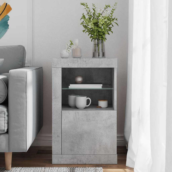 Betoninharmaa sivukaappi led-valoilla Shelvie (puinen)