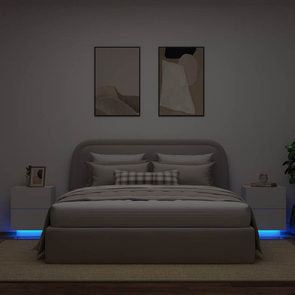Valkoinen yöpöytä led-valoilla Suina (2 kpl puinen)