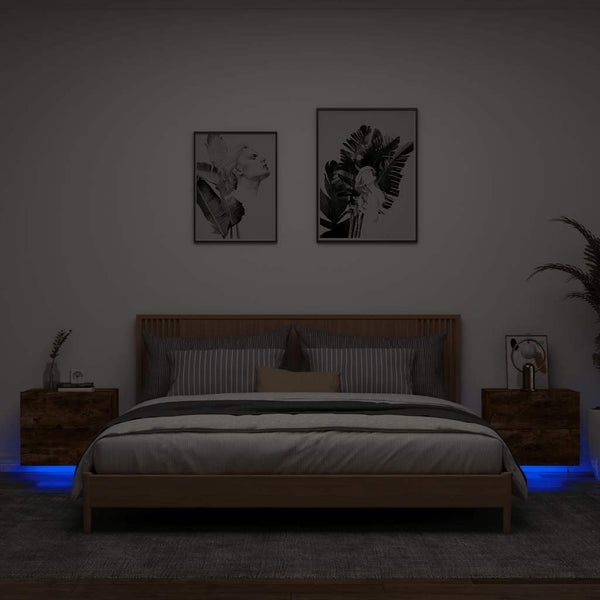 Wandmontierte Nachttische Salahedin (mit LED-Beleuchtung, 2 Stück, Rauch-Eiche)