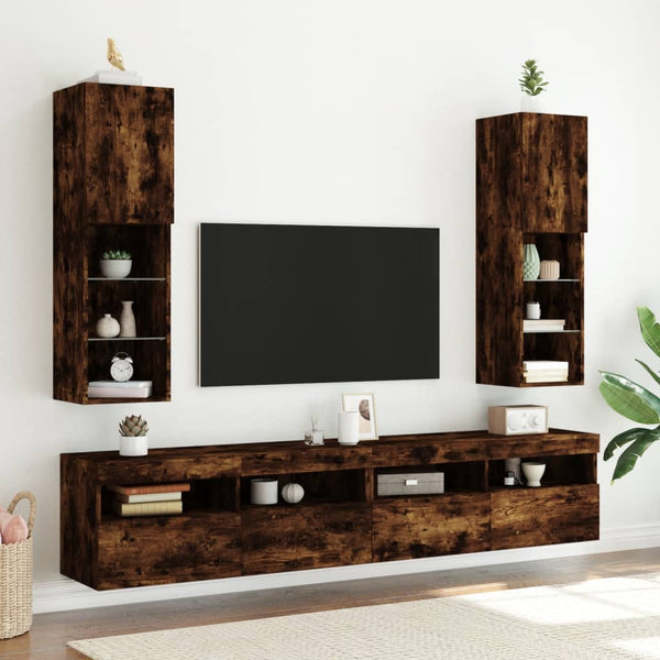 Räuchereiche TV-Schrank mit LED-Beleuchtung Misu 30,5x30x102cm