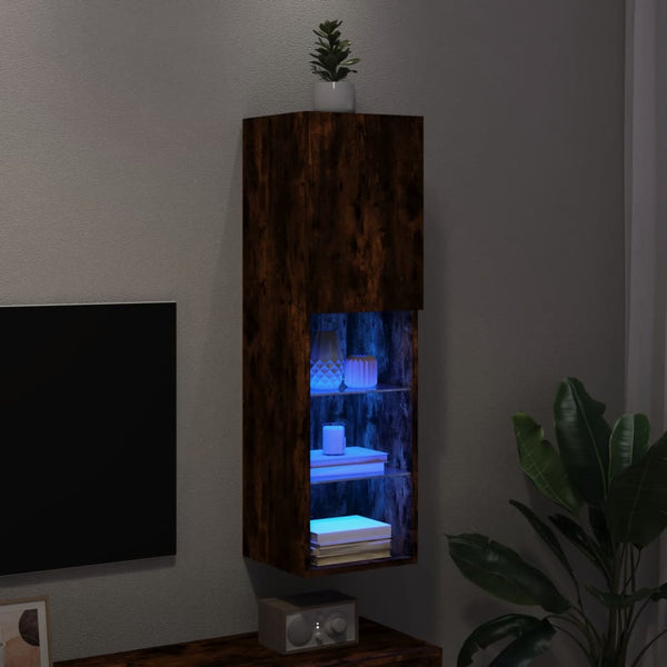 Räuchereiche TV-Schrank mit LED-Beleuchtung Misu 30,5x30x102cm