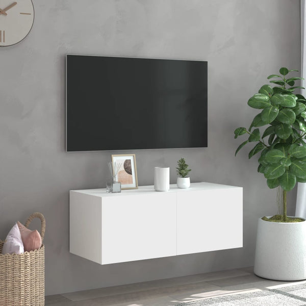 Valkoinen tv-seinäkaappi Genutu 80x35x31cm (led-valoilla)