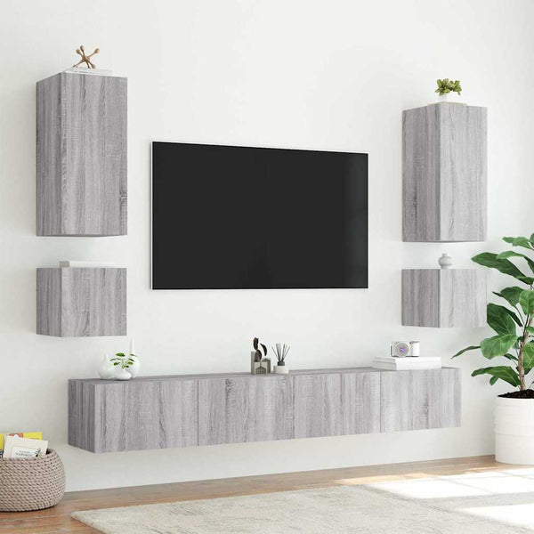 Harmaa tv-seinäkaappi Genutu 100x35x31cm (led-valoilla sonoma)