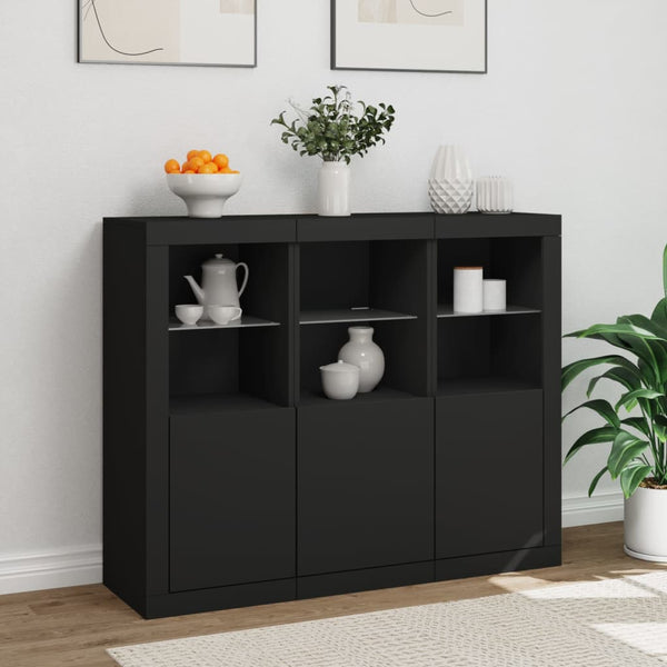 Schwarzes Sideboard aus Holzwerkstoff mit LED-Beleuchtung, 3er-Pack