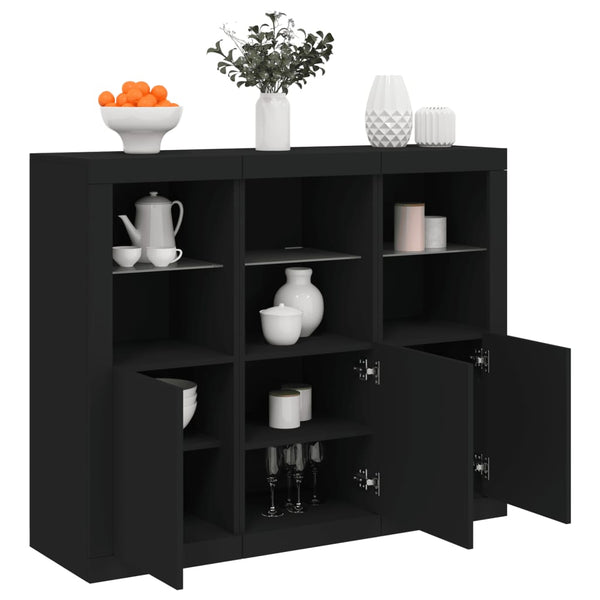 Schwarzes Sideboard aus Holzwerkstoff mit LED-Beleuchtung, 3er-Pack