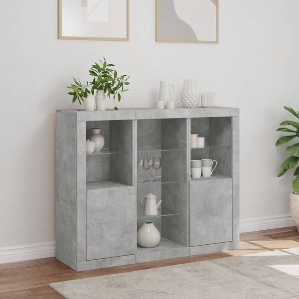 Betongraues Sideboard mit LED-Beleuchtung Govorel 3 St. (Holz)