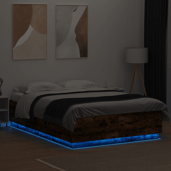 Bettgestell Rauch-Eiche Tonio mit LED-Beleuchtung 150x200cm (Holz)