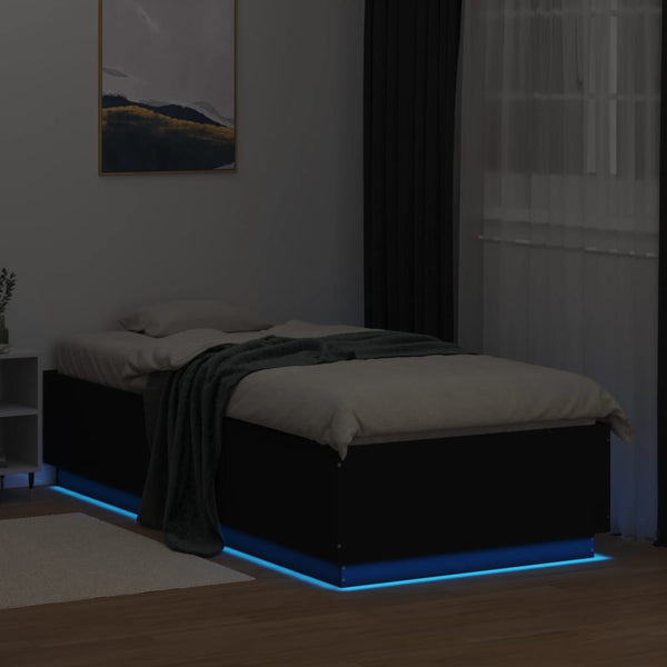 Schwarzes Bettgestell Tonio 100x200cm mit LED-Beleuchtung (Holz)