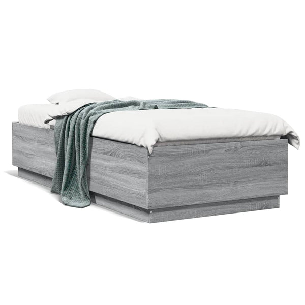 Graues Bettgestell Tonio 100x200cm (mit LED-Beleuchtung, Sonoma, Holz)