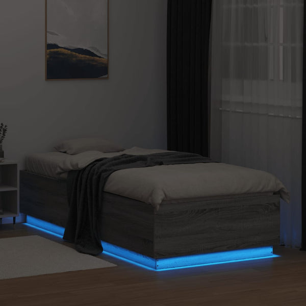 Graues Bettgestell Tonio 90x200cm (mit LED-Beleuchtung, Sonoma, Holz)