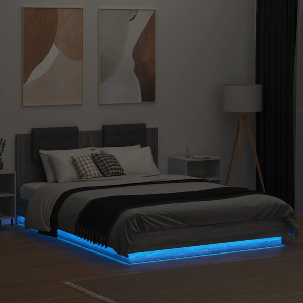 Graues Bettgestell mit Kopfteil und LED-Beleuchtung Alf 150x200cm (Sonoma)