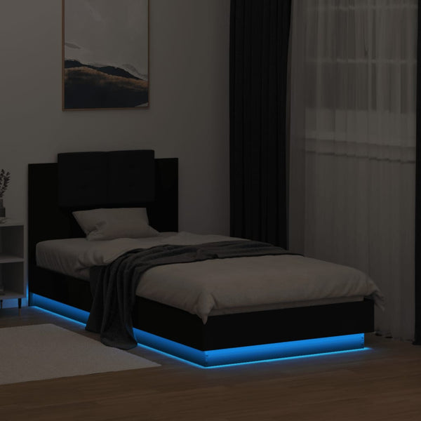 Schwarzer Bettrahmen mit Kopfteil und LED-Beleuchtung Alf 75x190cm