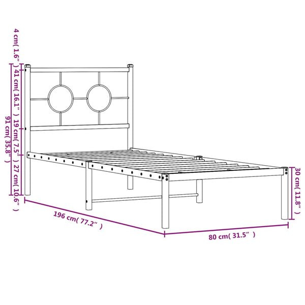 Schwarzes Metallbettgestell mit Kopfteil Lulah 75x190cm