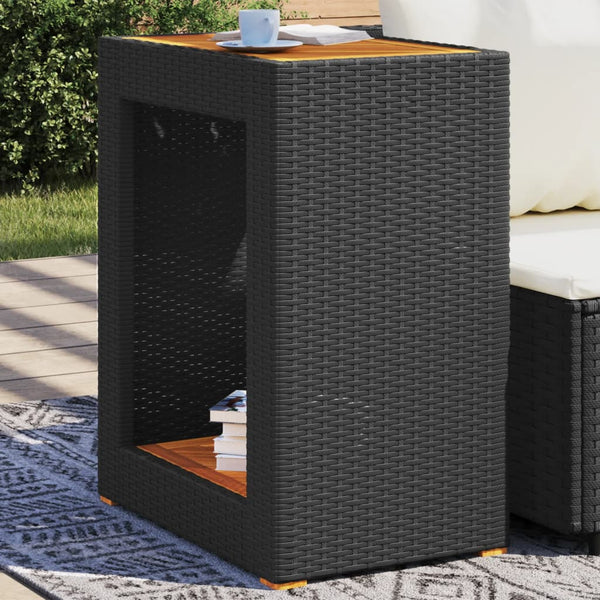 Schwarzer Gartenseitentisch Serafetin 60x40x75cm (Polyrattan mit Holzplatte)