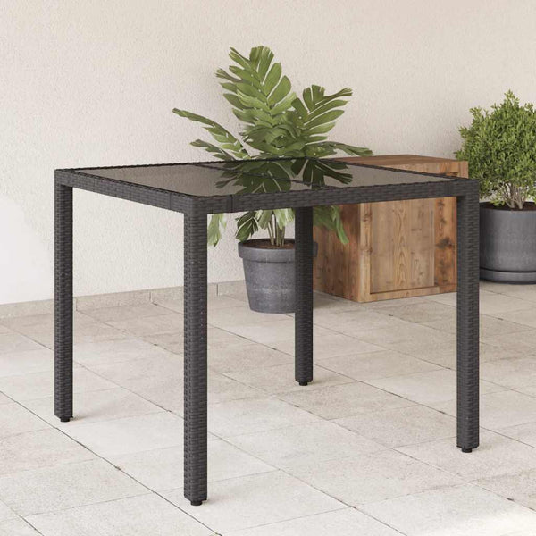 Schwarzer Gartentisch Teodosea 90x90x75cm (Polyrattan mit Glasplatte)