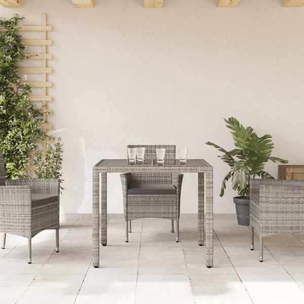 Grauer Gartentisch Teodosea 90x90x75cm (Polyrattan mit Glasplatte)