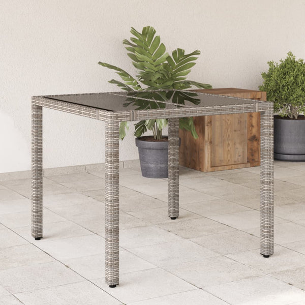 Grauer Gartentisch Teodosea 90x90x75cm (Polyrattan mit Glasplatte)