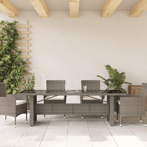 Harmaa puutarhapöytä Teodosea 240x90x75cm (lasipöytälevy polyrottinki)