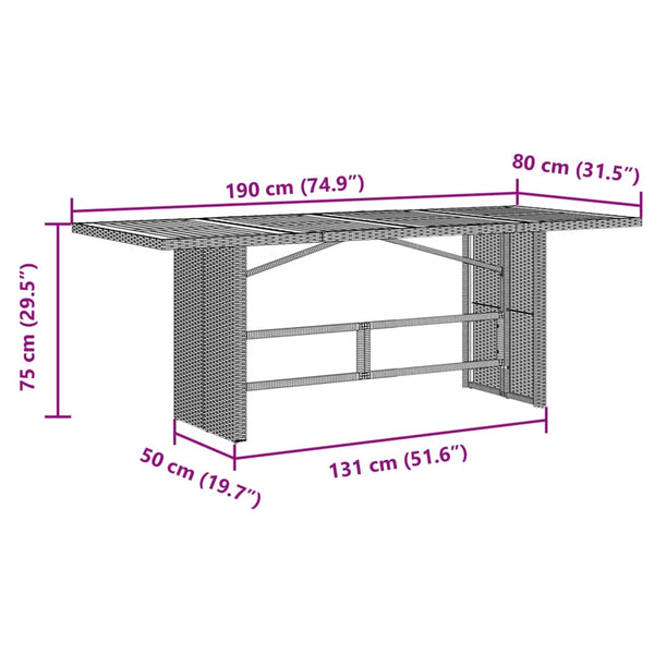 Grauer Gartentisch Akazie Tischplatte Naica 190x80x75cm (Polyrattan)