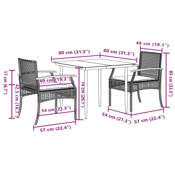 Schwarze 3-teilige Outdoor-Essgruppe mit Kissen Ghenadi (Polyrattan)