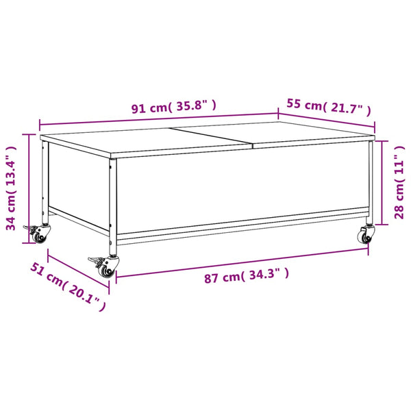 Grauer Couchtisch auf Rollen Irimias 91x55x34cm (Sonoma-Holz)