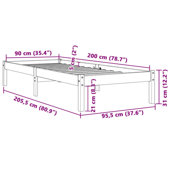 Vahanruskea sängynrunko Tomiris 90x200cm (mänty)