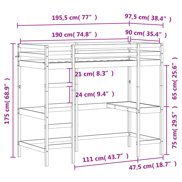 Hochbett mit Schreibtisch Suleiman 90x190cm (Kiefer)