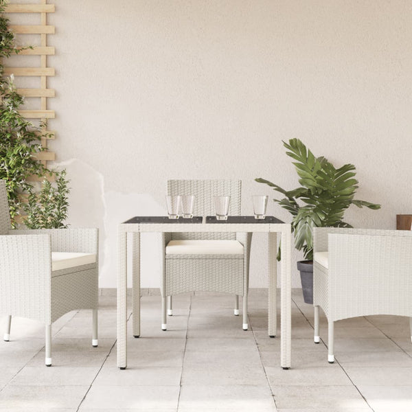 Weißer Gartentisch Cian 90x90x75cm (Polyrattan mit Glasplatte)