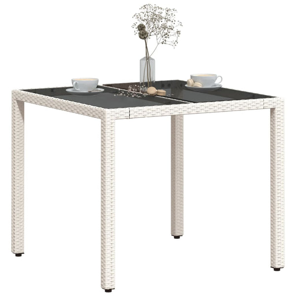 Weißer Gartentisch Cian 90x90x75cm (Polyrattan mit Glasplatte)
