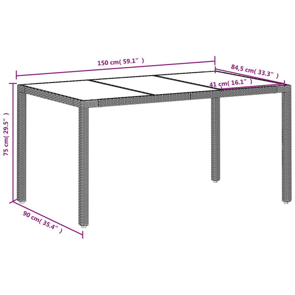 Grauer Gartentisch mit Glasplatte Marisela 150x90x75cm (Polyrattan)