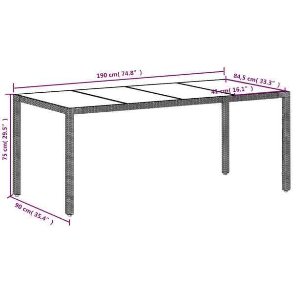 Grauer Gartentisch mit Glasplatte Rovelino 190x90x75cm (Polyrattan)