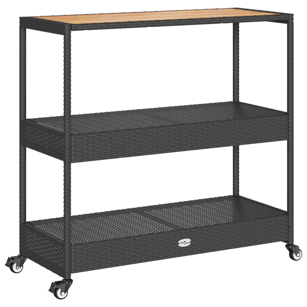 Schwarzer Servierwagen 3 Etagen Ionicu (Polyrattan und Akazienholz)