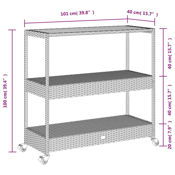 Schwarzer Servierwagen 3 Etagen Ionicu (Polyrattan und Akazienholz)