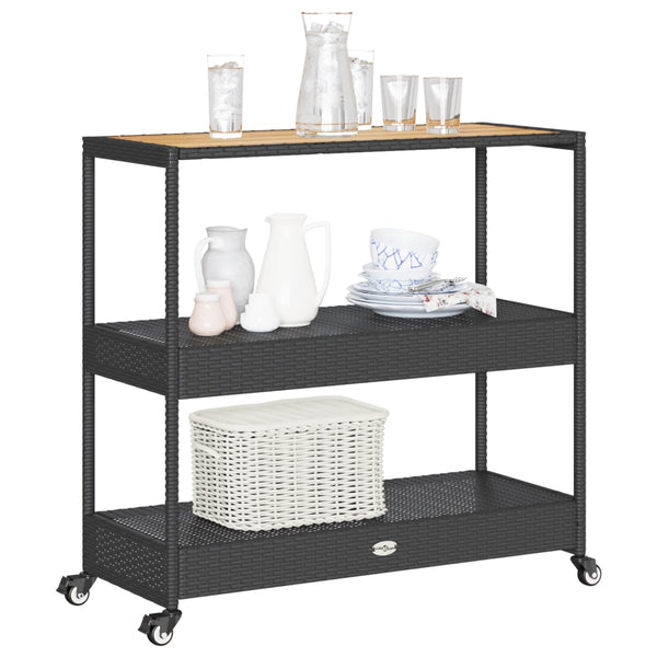 Schwarzer Servierwagen 3 Etagen Ionicu (Polyrattan und Akazienholz)